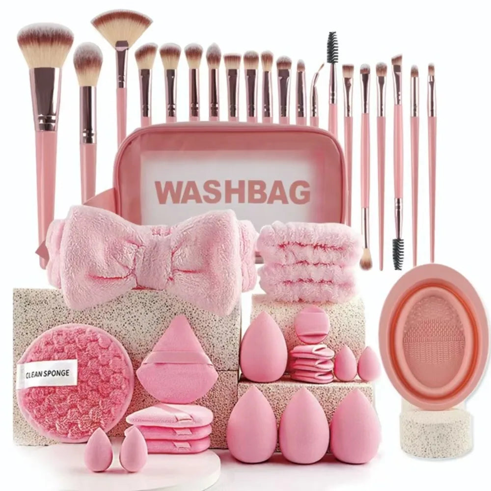 Set de Brochas Profesionales con Diadema y Muñequeras de Spa para Skincare y Maquillaje (20 a 40 Piezas)