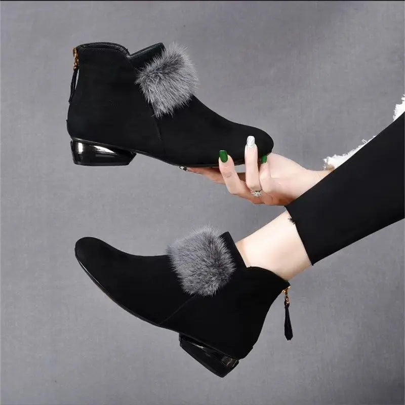 Botas Mujer Zapato para Mujeres 2023 Invierno Felpa Caliente Mujeres Bota de Tacón Bajo Antideslizante Viajer Señoras Zapatos de Moda Cremallera Bota de Tobillo