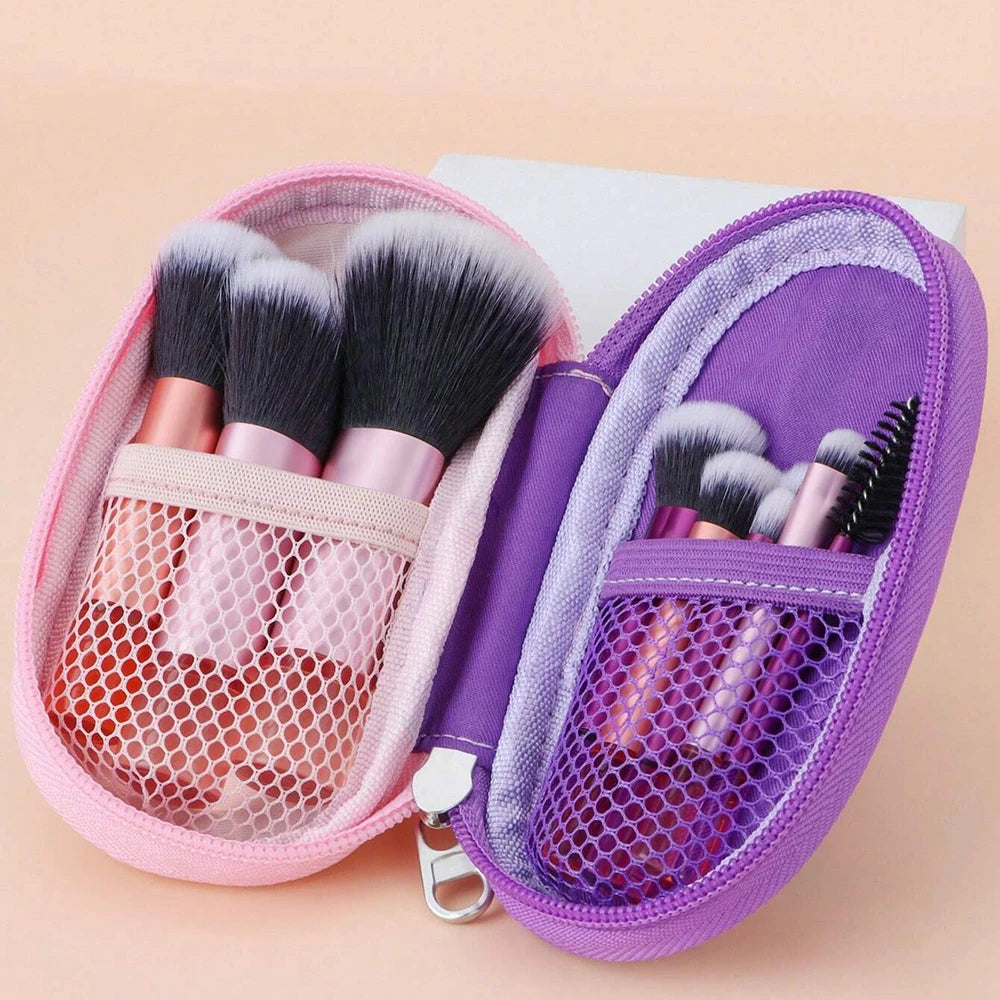 Kit de 10 Brochas de Maquillaje Portátiles para Principiantes con Mango de Cristal y Cosmetiquera