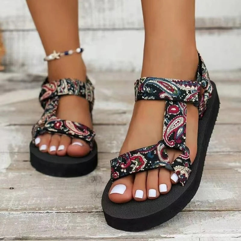 Verano Flat Women's Shoes Outdoor Sandalias Casuales Mujeres Zapatillas Cóñamo Set Foot Beach Sandalias Grande Tamaño Gancho Y Lazo Sandalias