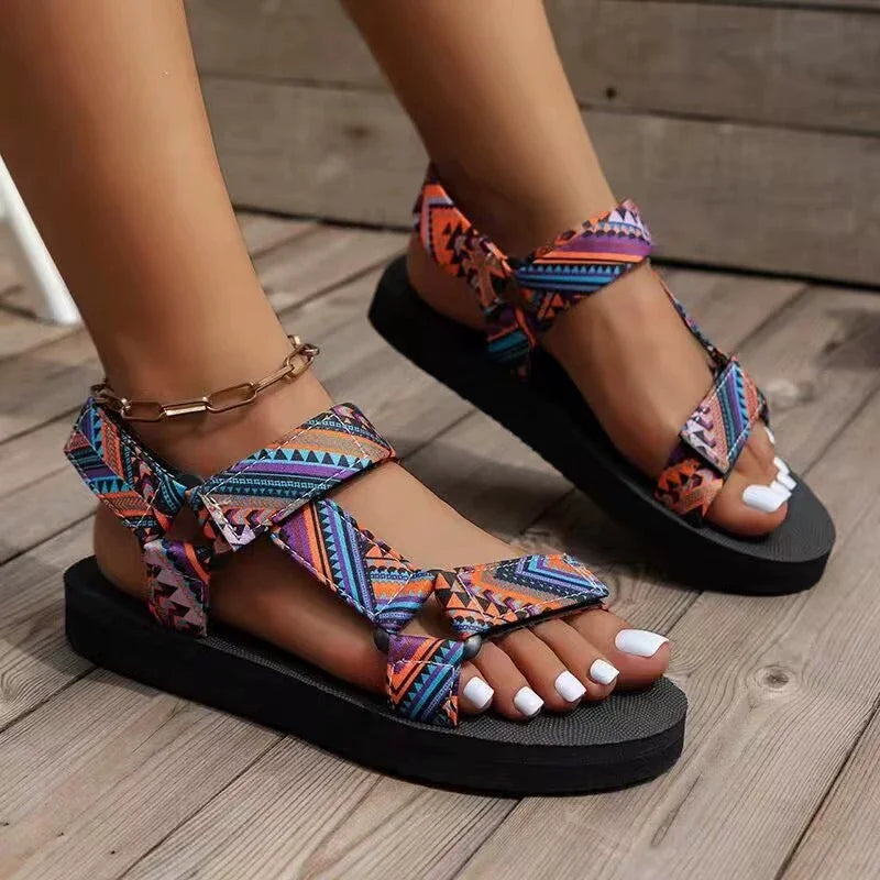 Verano Flat Women's Shoes Outdoor Sandalias Casuales Mujeres Zapatillas Cóñamo Set Foot Beach Sandalias Grande Tamaño Gancho Y Lazo Sandalias