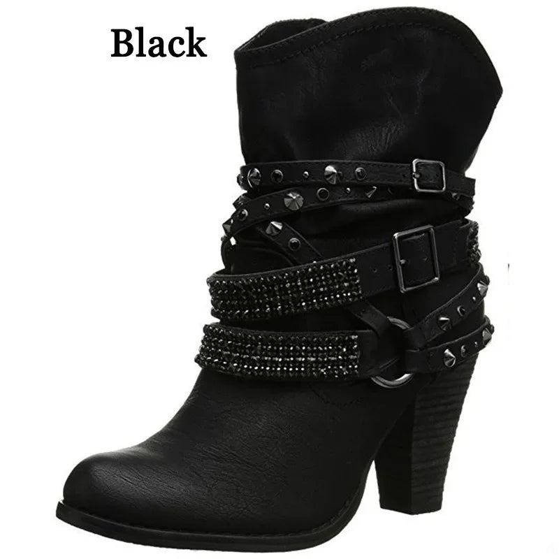 Otoño Invierno Nuevas Mujeres Mid-Calf Boots Remache Metal Decoración PU Correa Cuadrada de Tacón Plisado Sexy Plus Tamaño 36-43 Mujeres Zapatos