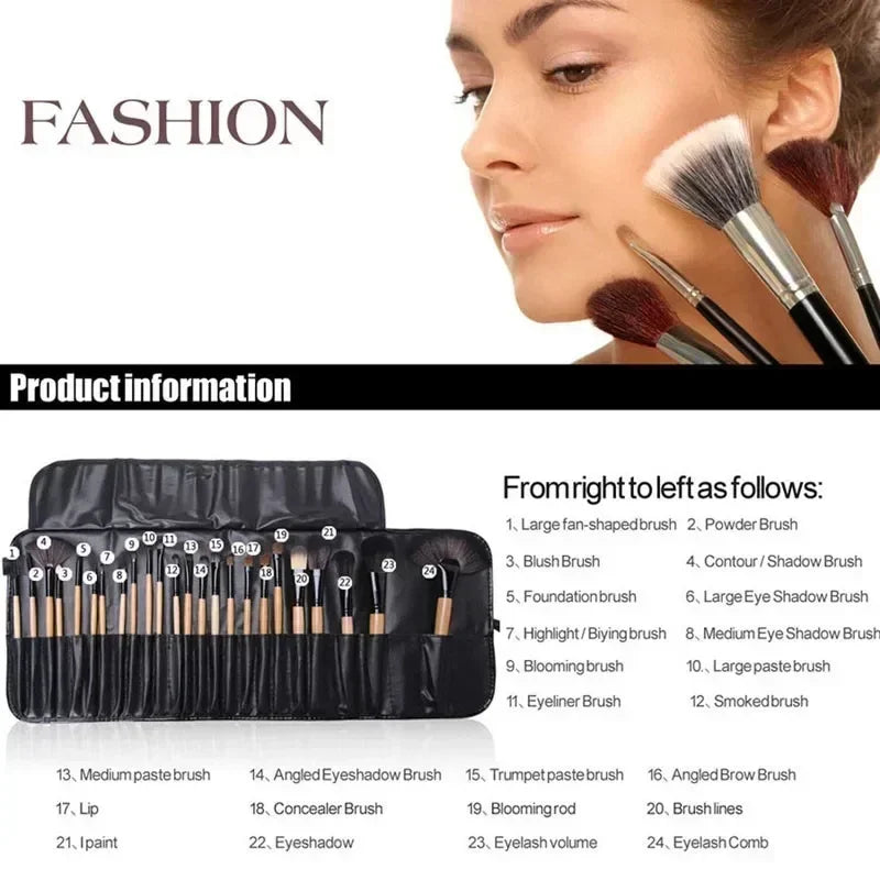 Kit de 24 Brochas de Maquillaje Profesionales para Base, Sombras y Polvo con Estuche