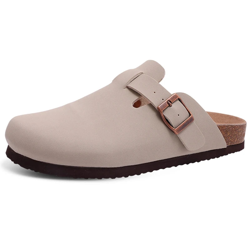 Asgard Mujeres Cork Sole Zuecos Zapatillas Moda Vaca Gamuza Plana Mulas Con Hebilla Ajustable Hombres Zapatos De Patata De Cuero Sandalias De Playa