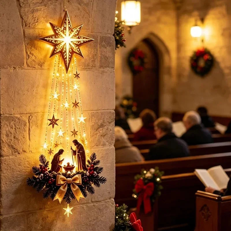 Pesebre de Pared Iluminado Navideño con Luces LED y Estrella de Belén Colgante