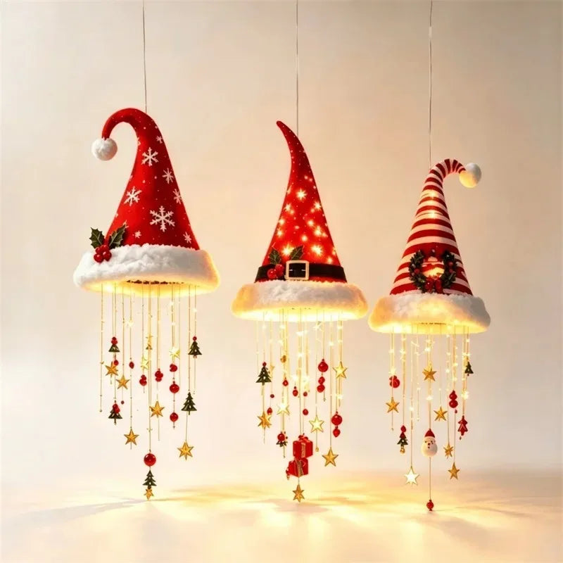 Christmas Santa Hat LED Hanging Light Warm Glowing Chandelier String Lights Xmas Ornament Home Stairway Holiday Party Decor New