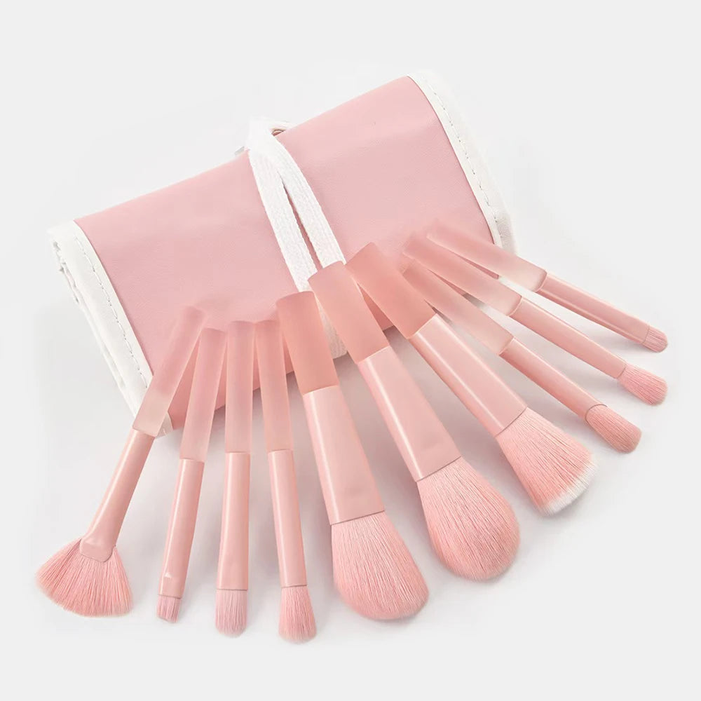 Kit de 10 Brochas de Maquillaje Portátiles para Principiantes con Mango de Cristal y Cosmetiquera