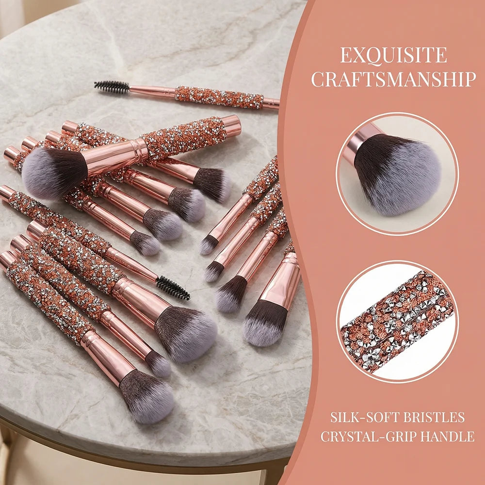 5pcs/10pcs Luxury Rhinestone-encrusted Makeup Brushes Set with Rose Gold PU Bag Portable Travel Beauty Tools for Women