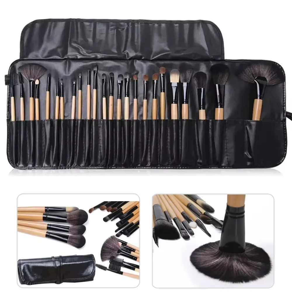 Kit de 24 Brochas de Maquillaje Profesionales para Base, Sombras y Polvo con Estuche