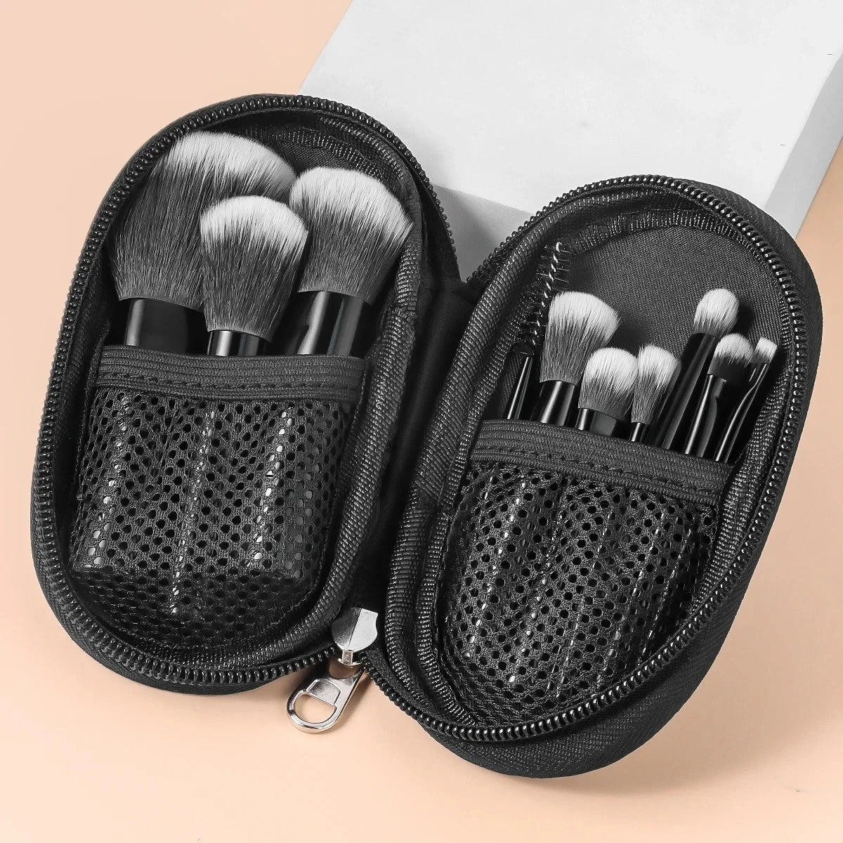 Kit de 10 Brochas de Maquillaje Portátiles para Principiantes con Mango de Cristal y Cosmetiquera