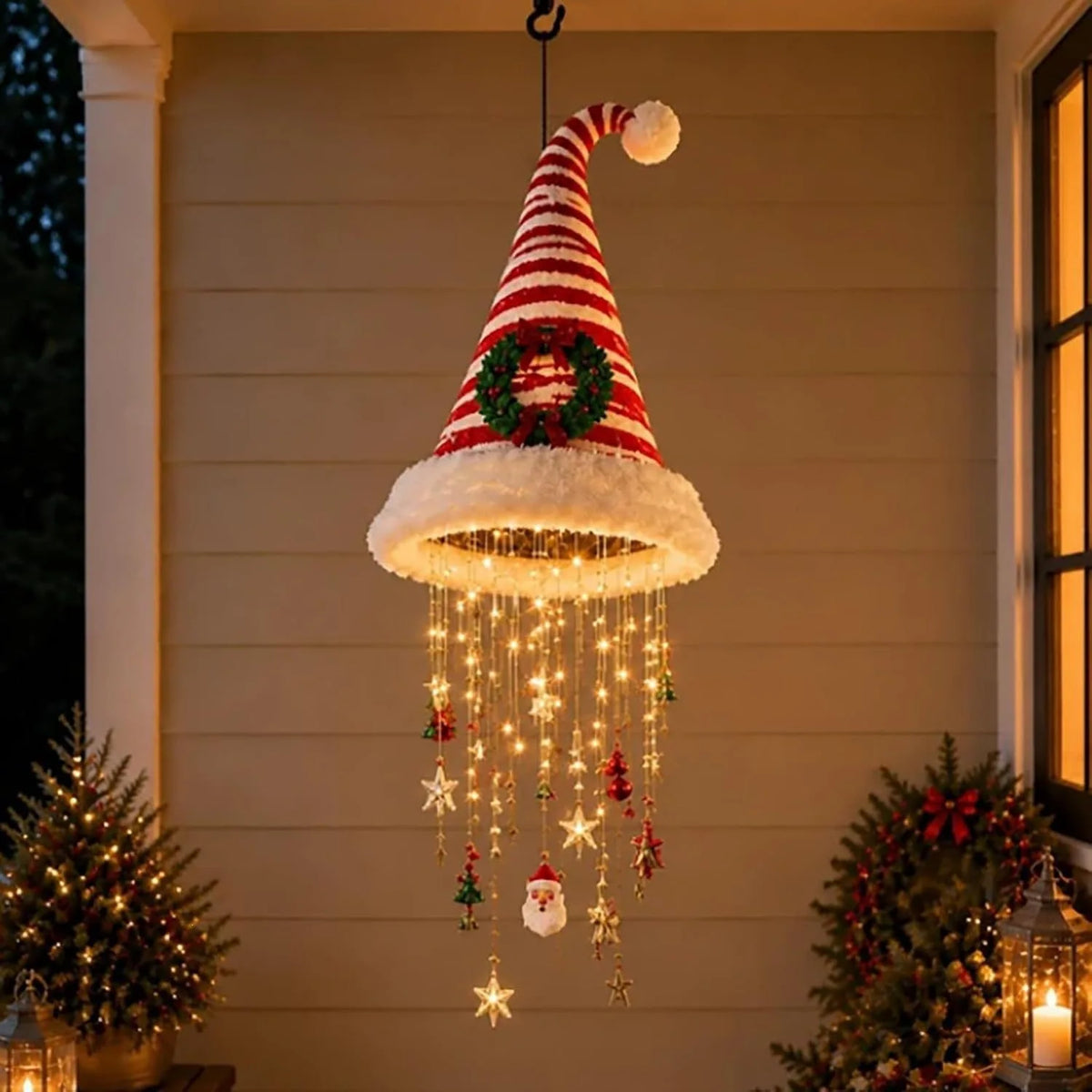 Christmas Santa Hat LED Hanging Light Warm Glowing Chandelier String Lights Xmas Ornament Home Stairway Holiday Party Decor New