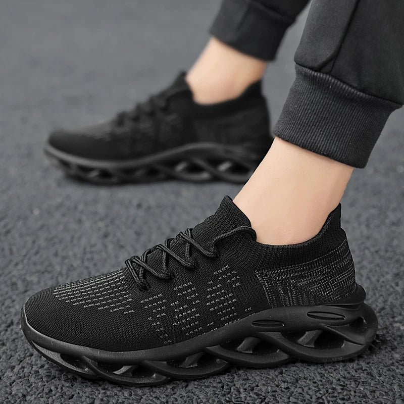 Zapatos de running grises de moda Unisex Knit Plataforma transpirable Casual de los hombres Zapatillas al aire libre antideslizantes con cordones Zapatos deportivos de las mujeres