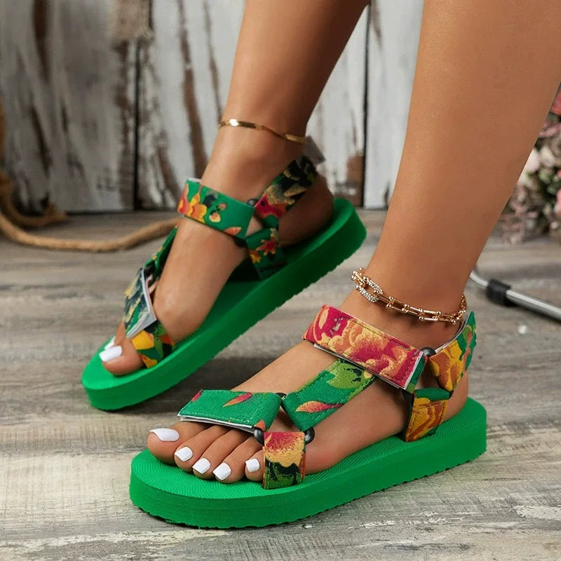 Verano Flat Women's Shoes Outdoor Sandalias Casuales Mujeres Zapatillas Cóñamo Set Foot Beach Sandalias Grande Tamaño Gancho Y Lazo Sandalias