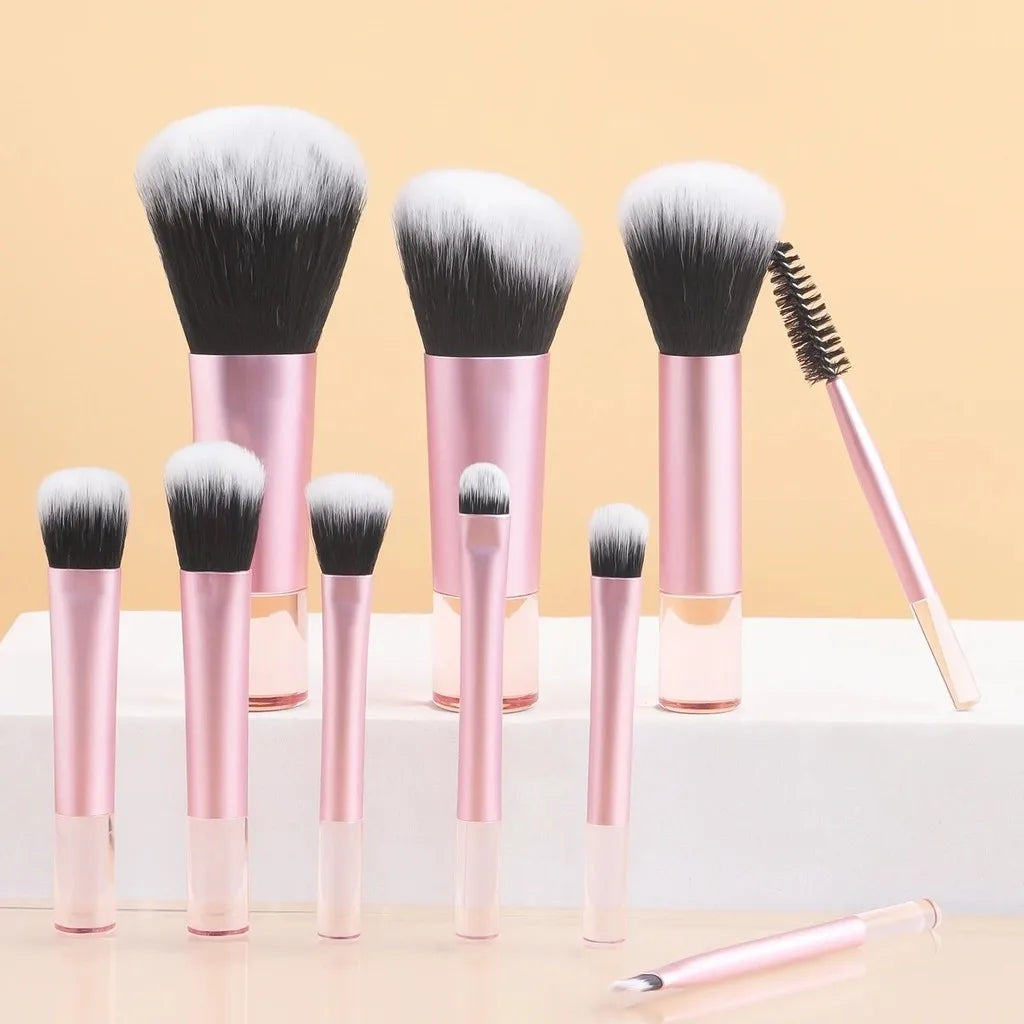 Kit de 10 Brochas de Maquillaje Portátiles para Principiantes con Mango de Cristal y Cosmetiquera